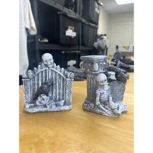 Halloween Cemetery Mini Tombstones Set Of 2 Skeletons Crow Goth Horror Graveyard